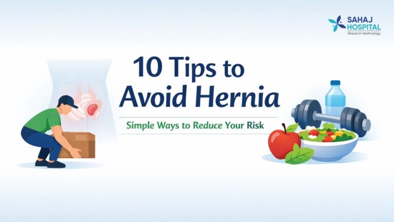 Minimal illustration showing correct lifting posture, healthy lifestyle habits, and tips to avoid hernia