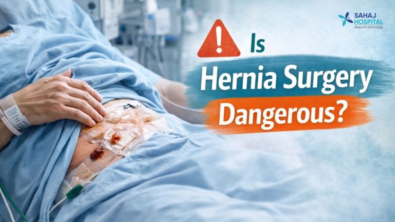 Patient resting in a hospital bed with a surgical dressing on the abdomen, representing concerns about hernia surgery safety.